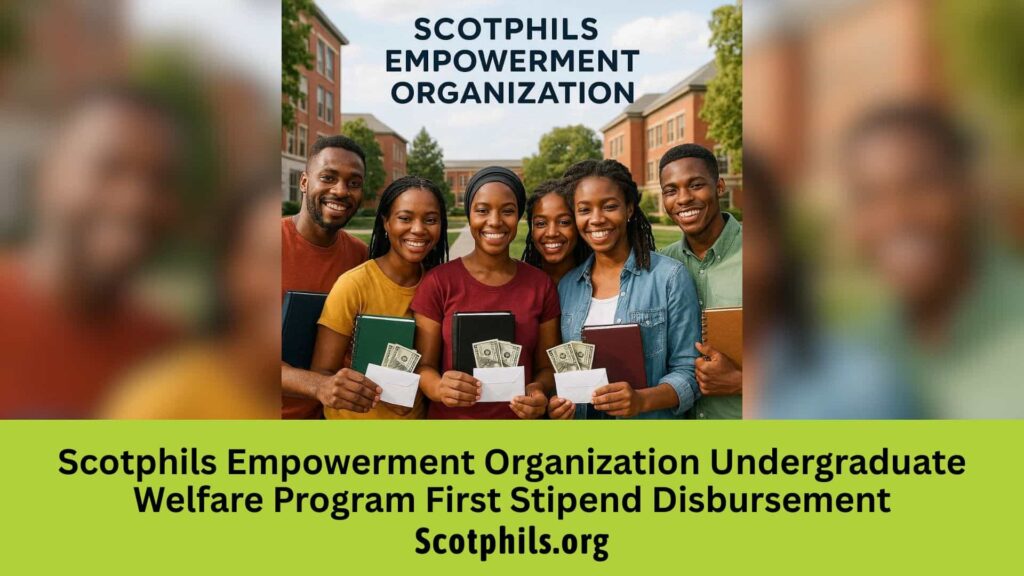 Six diverse Nigerian undergraduates smiling, receiving welfare stipends from Scotphils Empowerment Organization, symbolizing educational empowerment and a brighter future.