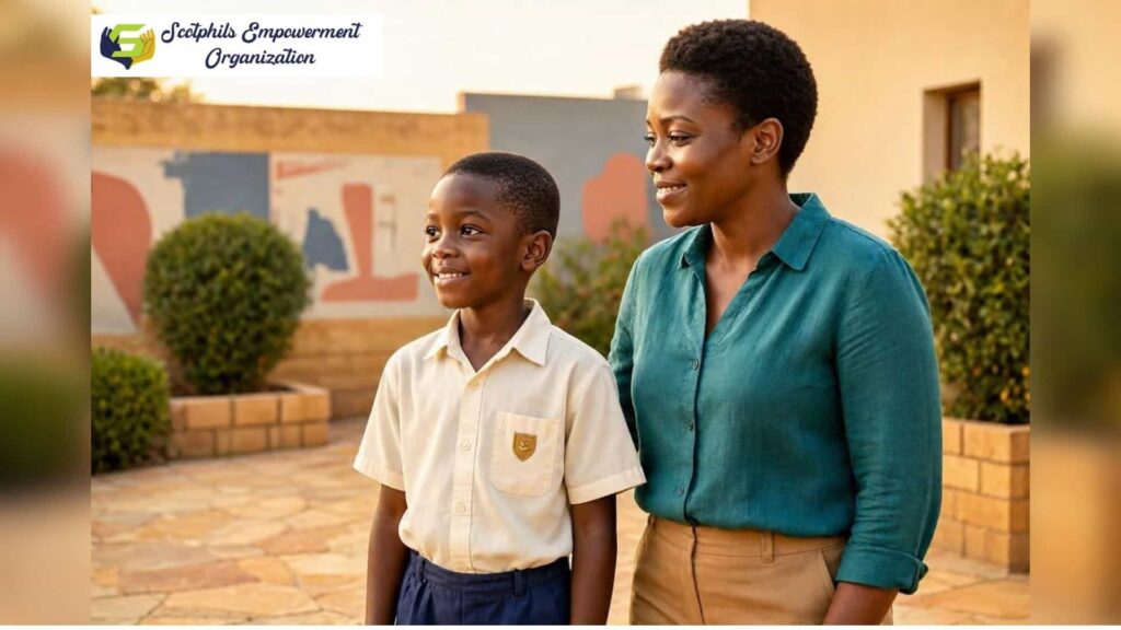 African child with a trusted adult caregiver in a safe, welcoming community setting, representing child protection, safety, dignity and support.